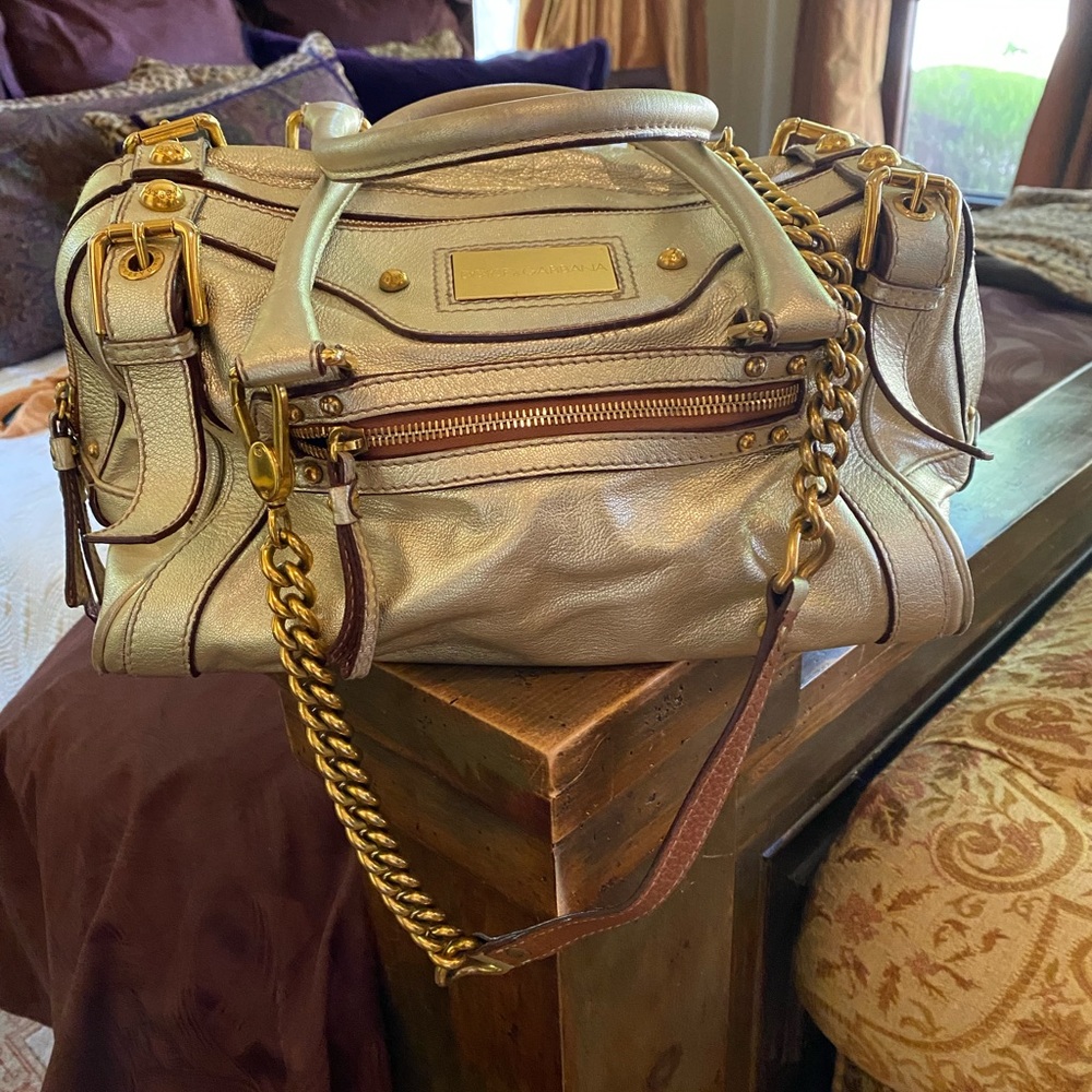 Dolce & Gabbana Metallic Gold Chain Leather Handbag